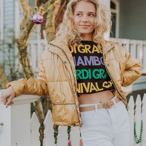 Gold Metallic Vinyl Puffer Bomber Jacket Sz.XL